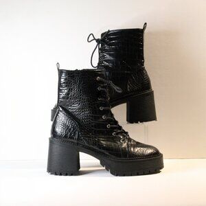 Miss Lola Martinez 10 Black Leather Snake Combat Boots Size 10 Lace Up Heeled Bo
